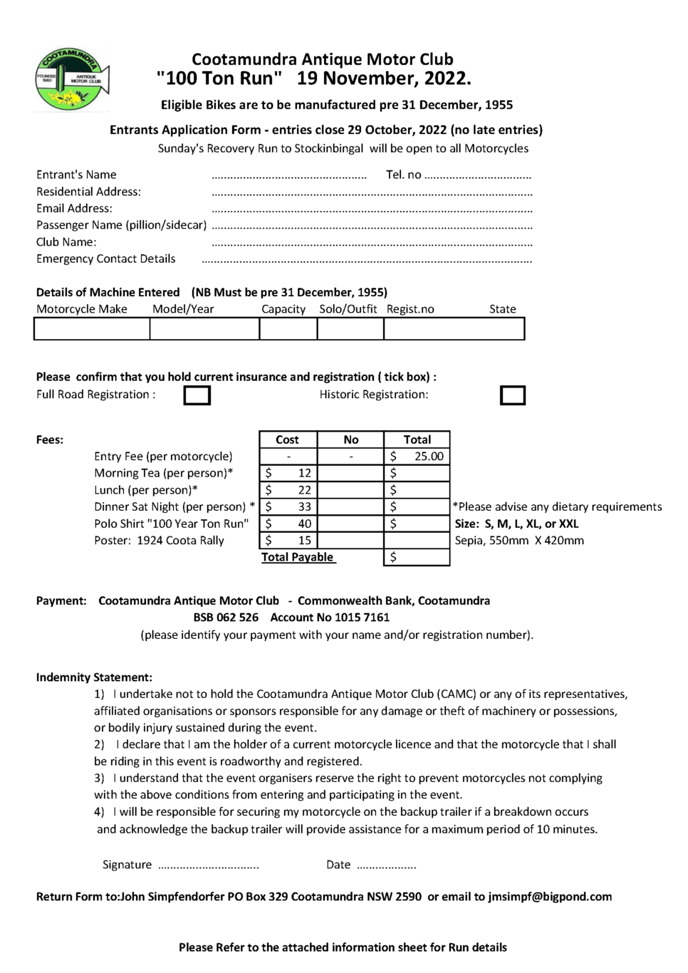 100 Year Ton Run - Apllication Form